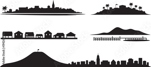 Set of coastal town silhouettes with tropical islands and village skyline vector illustrations
