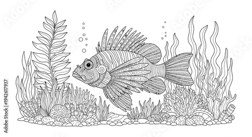 Detailed line art illustration of tropical fish and aquatic plants