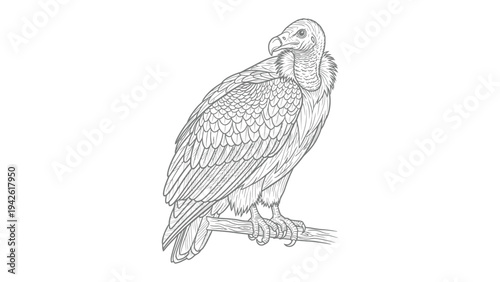 Vulture perched on branch: a detailed, monochromatic pencil sketch of a solitary vulture perches on a branch, its keen gaze observing.