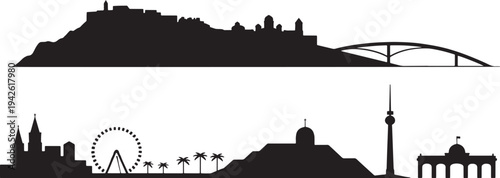 Set of various city skyline silhouettes representing different urban environments and famous views