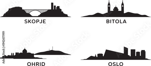 Skopje Bitola Ohrid skylines plus Oslo modern city silhouette isolated vector illustration