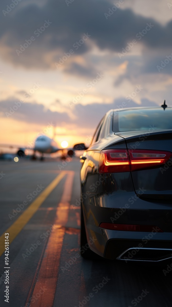 Naklejka premium Luxury car at airport runway sunset. Premium airport transfer service. Business travel transportation concept. Private chauffeur pickup. Aviation mobility background.