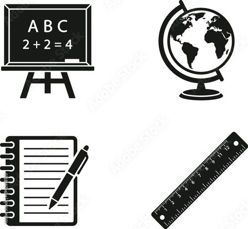 School and Education Supplies Set with Blackboard Globe Map Notebook and Ruler Silhouette Icons