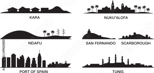Trinidad Tobago and Tonga city skylines including Port of Spain San Fernando and Nuku alofa set