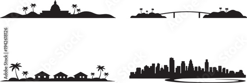 Tropical and urban skyline silhouettes featuring islands beaches domes and skyscrapers vector set