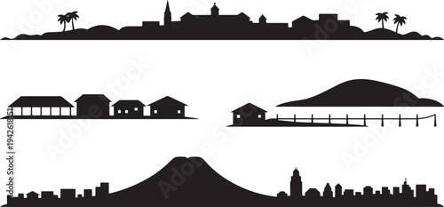 Tropical town silhouette collection with simple houses pier waterfront scenery and volcanic mountain
