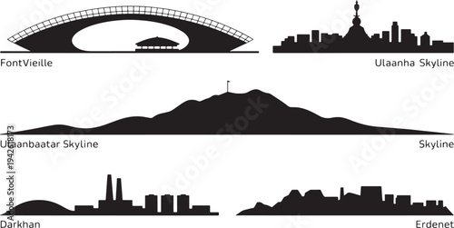 Ulaanbaatar mongolia skyline silhouette collection vector city landscape and mountain profile