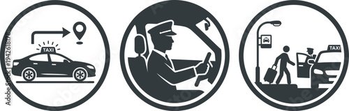 Professional Taxi and Cab Service Icons Featuring Driver Profile Passenger Boarding and GPS Navigation