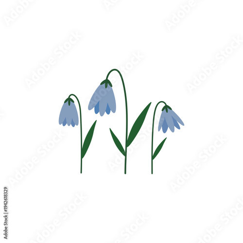 Three delicate bluebell blossoms on green stems. Elegant minimalist floral bouquet featuring first spring flowers. Perfect for logo design, stickers, or small decorative accents.
