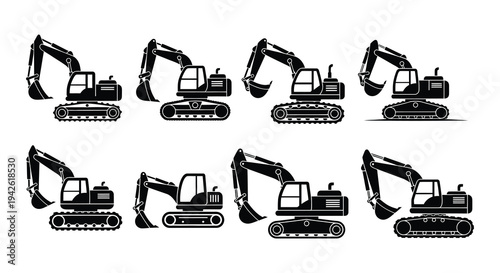 Black and white illustrations of various excavator machine designs