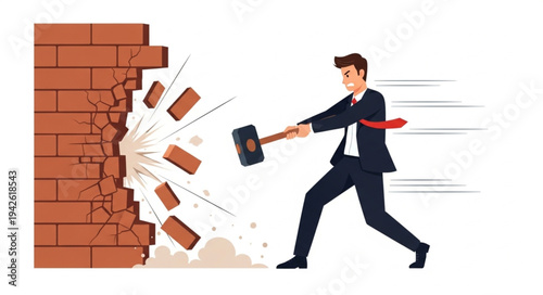 Businessman Breaking Down Brick Wall.