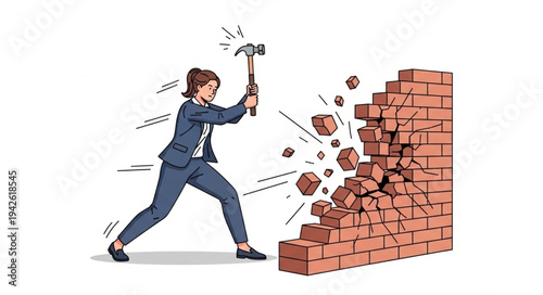 Businessman Breaking Down Brick Wall.