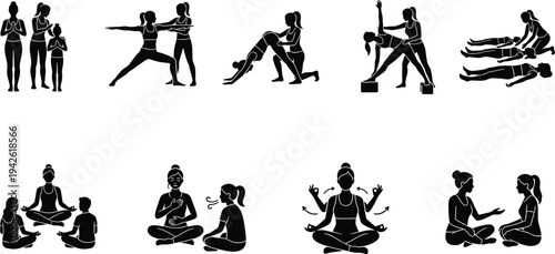 Yoga and Wellness Silhouette Icons Set with Women Practicing Meditation Yoga Poses and Mindfulness Exercises