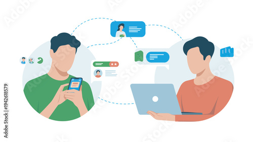 Two men communicating and collaborating online with mobile phone and laptop