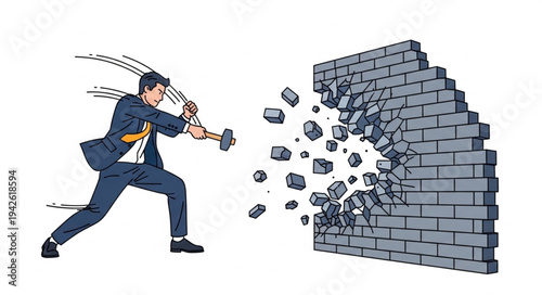 Businessman Breaking Down Brick Wall Obstacle.