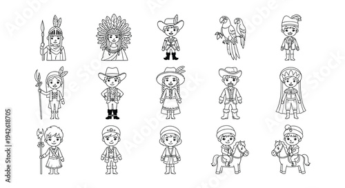 Collection of cartoon illustrations depicting people in various historical costumes