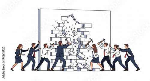Business People Breaking Down Brick Wall.