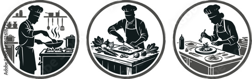 Professional Chef Cooking in Kitchen Silhouette Icons with Frying Pan Chopping Vegetables and Food Plating