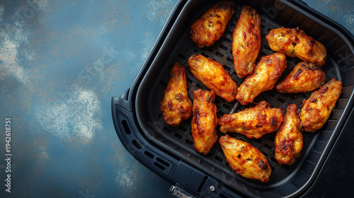 Overhead Flat Lay Air Fryer Basket with Golden Chicken Wings on Bright Matte Counter Background