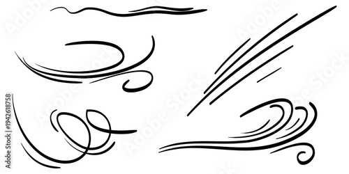 hand drawn set wind doodle blow, gust design isolated on white background