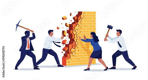 Business People Breaking Down Wall Together.