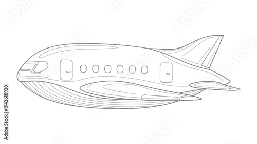 Whale-Shaped Airplane Illustration: A whimsical illustration of an airplane designed to resemble a whale, with a sleek body and stylized wings, suggesting imaginative travel and aviation concept.