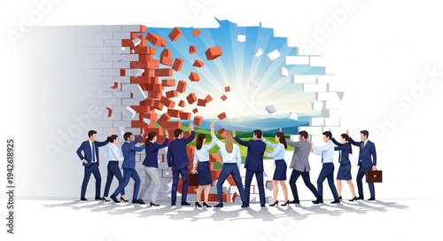 Business People Breaking Through Barrier.