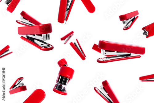 Photos Red staplers on a white background