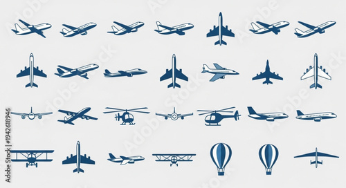 Collection of Aircraft Silhouettes - Planes, Helicopters, and Balloons.
