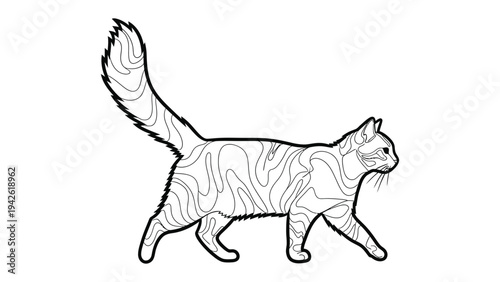 Walking Striped Cat Illustration: An illustration of cat with striped pattern walking with its tail raised.