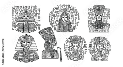 Intricate line art depicting ancient egyptian pharaohs and queens