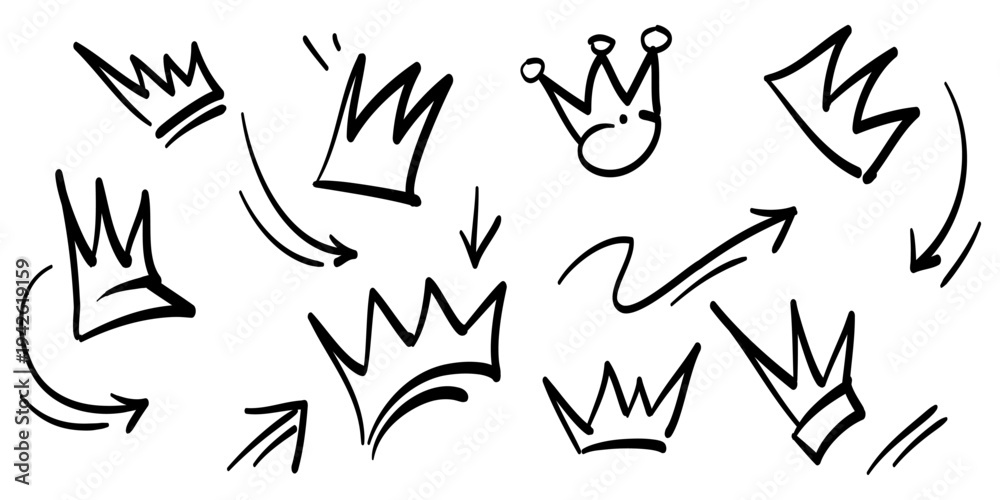 Fototapeta premium Doodle crown sign on set. hand drawn king crown symbol. isolated on white background. vector illustration