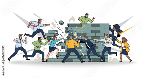 Business People Fighting Over Obstacles.
