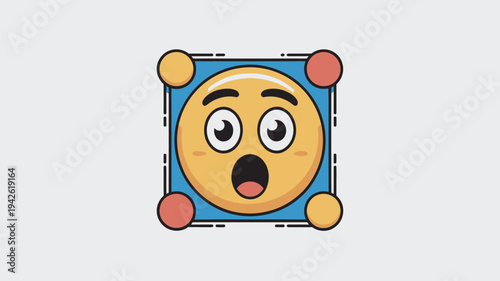 A cartoon emoji with a surprised expression is shown in a blue square with colorful corners.