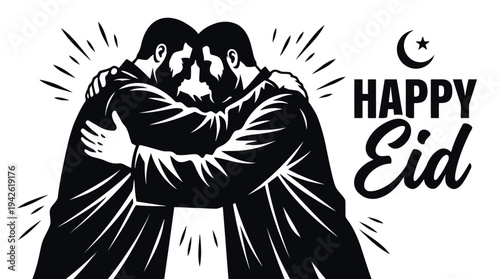 Happy Eid Muslim Men Embracing in Joyful Greeting for Islamic Holiday Celebration Posters and Digital Content