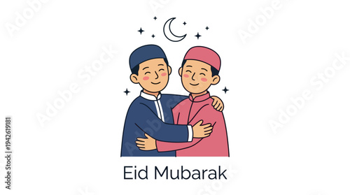 Eid Mubarak Muslim Men Hugging in Friendly Greeting for Islamic Holiday Celebration Cards and Social Media Posts