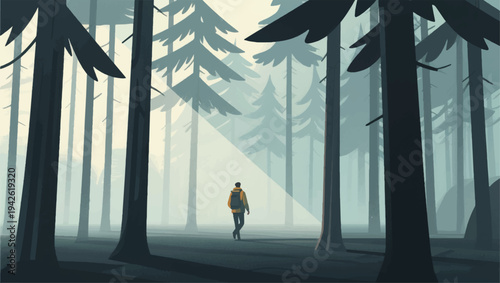 Illustration Of People Walking In A Tall Pine Forest Shrouded In Morning Mist Vector Design Template
