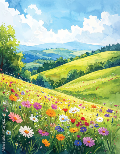 Bright and Cheerful Watercolor Scene Blooming Meadow in Spring with Wildflowers and Rolling Hills