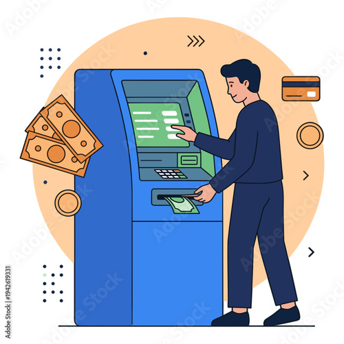 Man withdraws cash from blue ATM machine with money and card