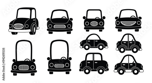 Collection of stylized black vehicle silhouettes in a grid arrangement