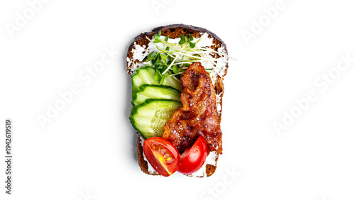 Bruschetta with bacon and vegetables on a white background. High quality photo