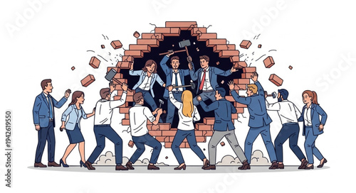 Business Team Breaking Down Brick Wall.