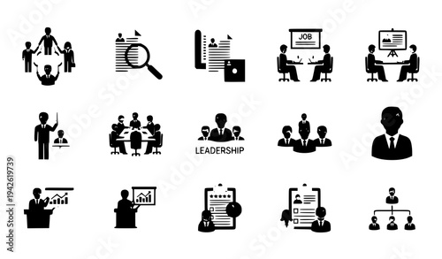 Human resource and business management flat icon set