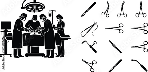 Professional Surgical Team Performing Operation in Hospital Theatre and Set of Medical Surgery Instruments