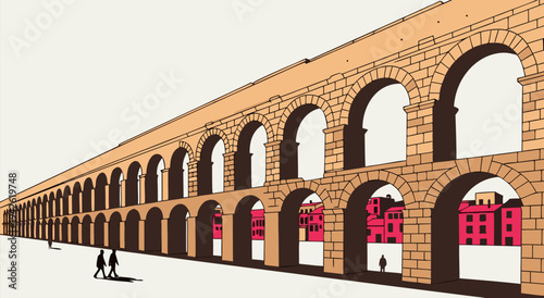 Detailed vector illustration of a long Roman aqueduct with arches, showcasing ancient architecture and urban development in historical perspective
