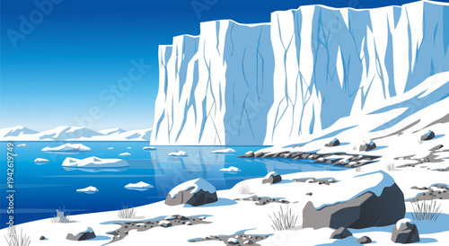 Beautiful Arctic landscape vector illustration with icebergs, sea, and rocky shore under a bright blue sky