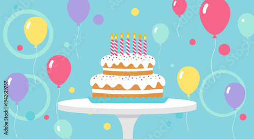 Happy Birthday Celebration vector illustration with cake and balloons, perfect for party invitations and greetings