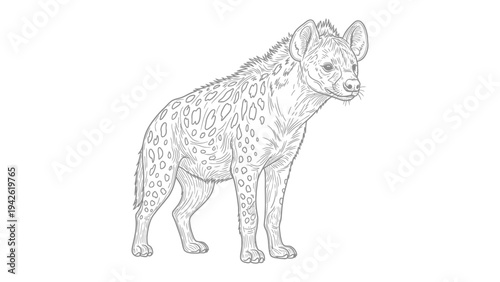 Hyena Illustration: A detailed pen-and-ink drawing of a hyena in monochrome, the sketch highlighting the animal's spotted coat, upright posture, and keen gaze.