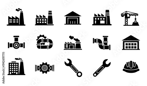 Construction and industrial building silhouette icons vector set