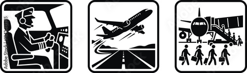 Aviation and Airport Service Icons Featuring Pilot in Cockpit Airplane Takeoff and Passengers Boarding